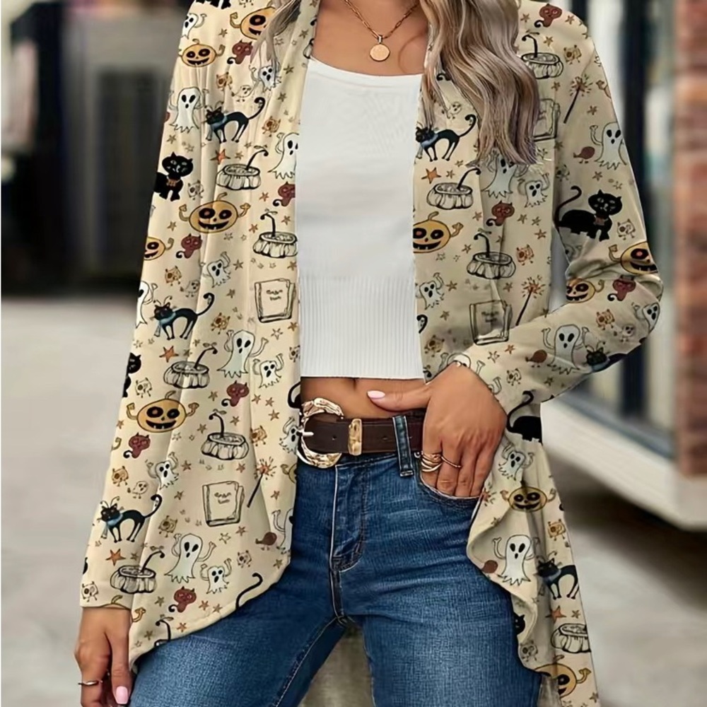 Beige Cartoon Halloween Print Cardigan Size 10